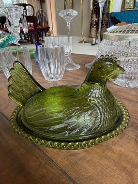 Vintage Indiana Green Glass Hen on Nest Covered Dish
